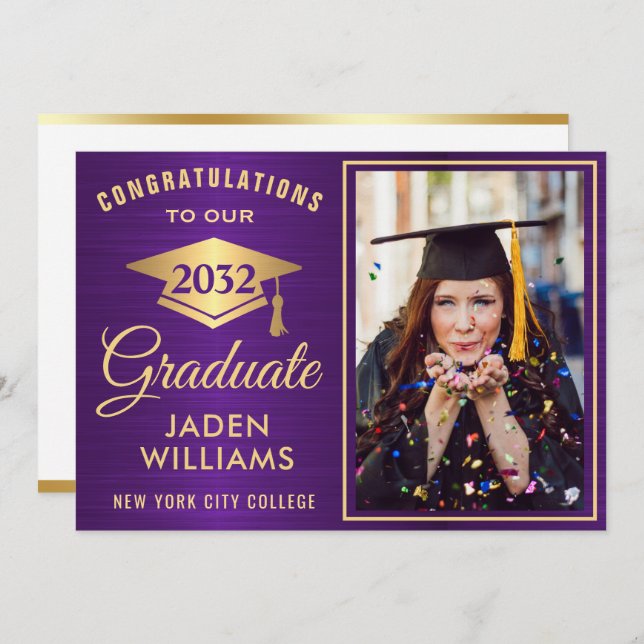 Convite Graduação de FOTO Roxo do Ouro Moderno (Frente/Verso)