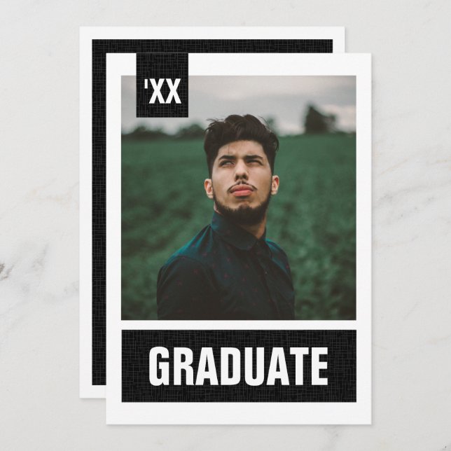 Convite Graduação de Foto Texturizada Moderna em Preto (Frente/Verso)