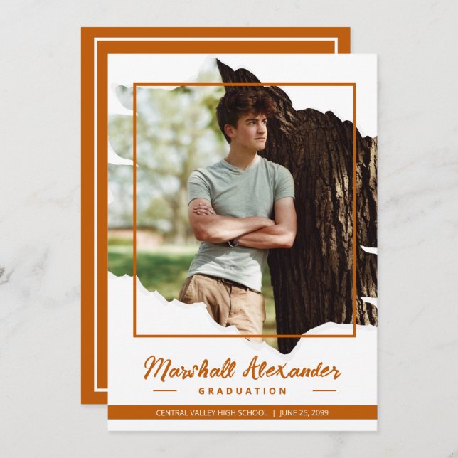 Convite Graduação de Foto Torn Abstrato Laranja Queimada E (Frente/Verso)