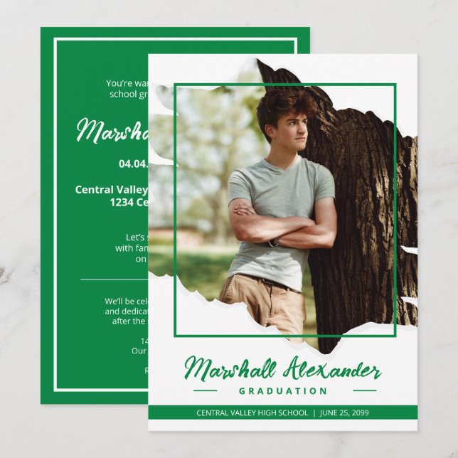 Convite Graduação de Foto Torn Abstrato Verde Edgy (Frente/Verso)