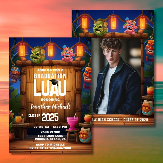 Convite Graduação de Foto Tropical Tiki Havaiana Luau (Tropical Tiki Hawaiian Luau Photo Graduation Invitation)