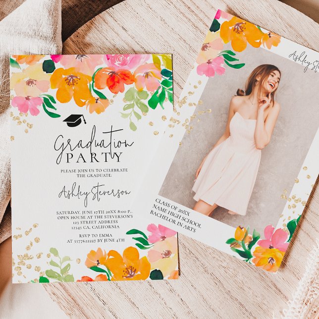 Convite Graduação de fotobbotânica com brilho Dourado (Gold glitter floral photo botanical graduation invitation)