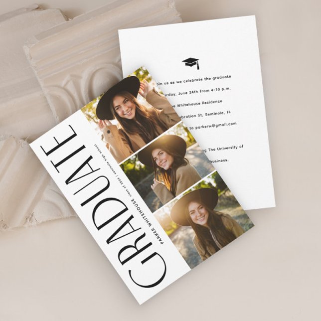 Convite Graduação de Fotografia 3 da Tipografia do Formand (Elegant Typography Graduate Black and White 3 Photo Graduation Invitation.)