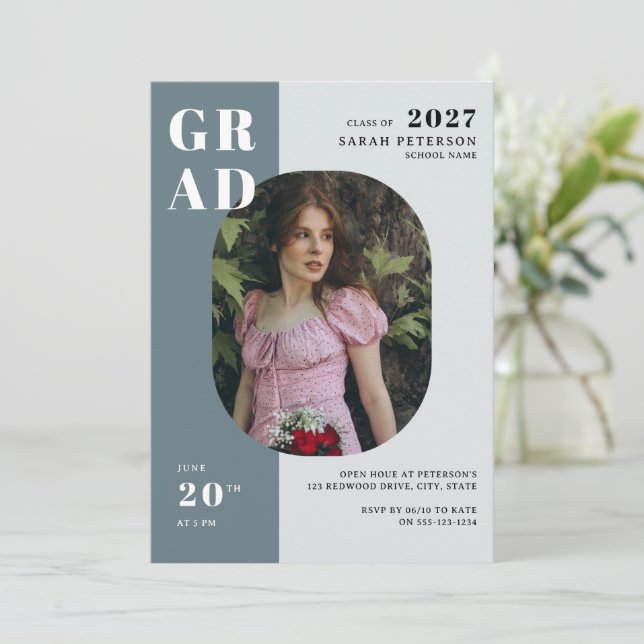 Convite Graduação de Fotografia da Antiga Cinza Azul Boho (Em pé/Frente)