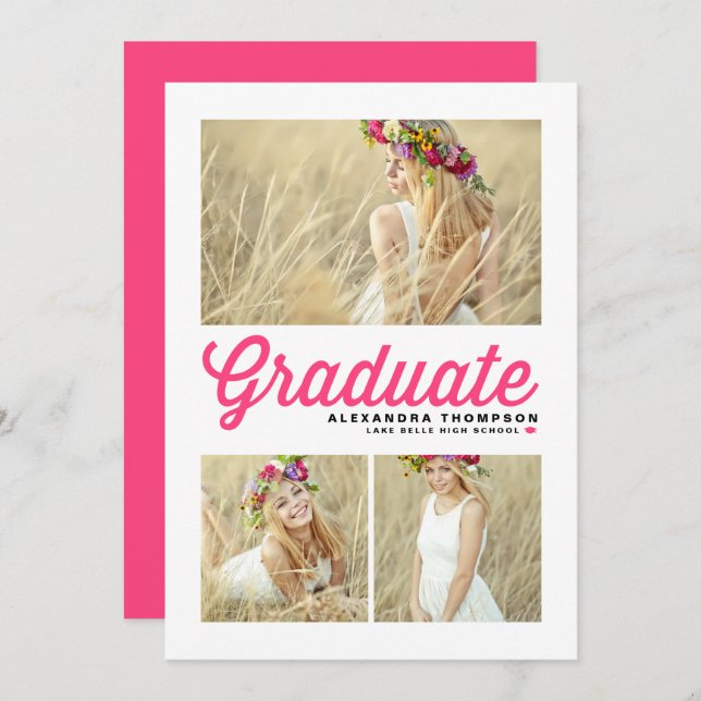 Convite Graduação de Fotografias com Script Retro Rosa Que (Frente/Verso)