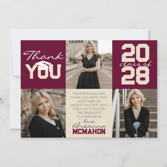 Convite Graduação de Fotos Burgundy e Cream 3 Obrigado (Frente)