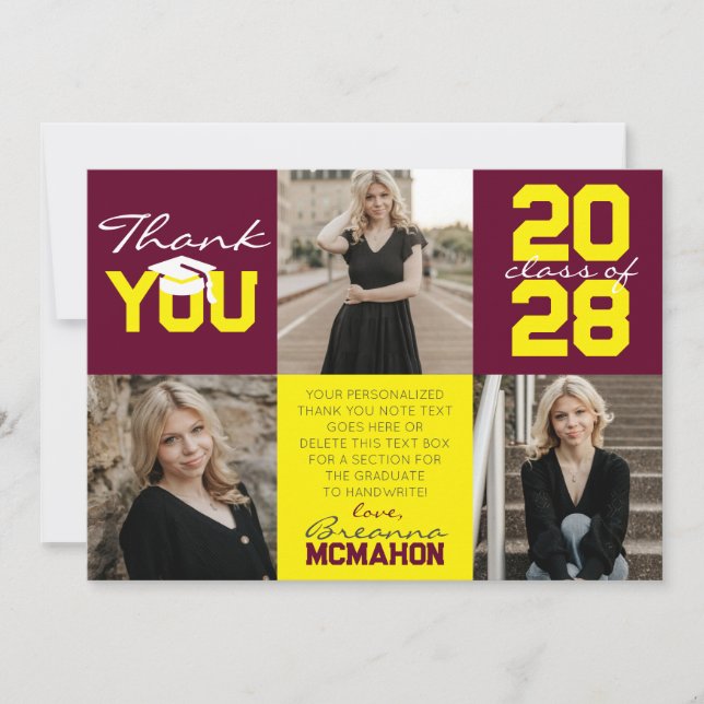 Convite Graduação de Fotos Burgundy & Yellow 3 Obrigado (Frente)