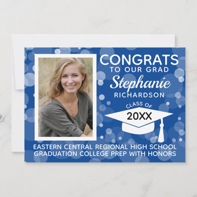 Convite Graduação de Fotos com Bolhas Azuis Modernas (Frente)