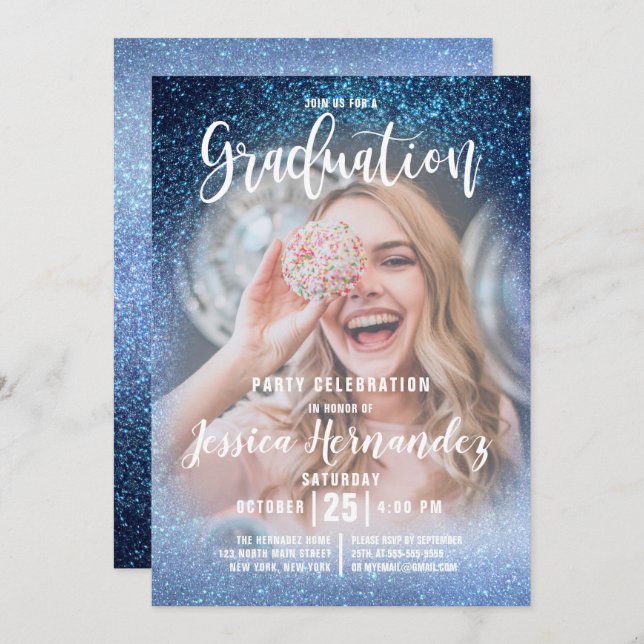 Convite Graduação de Fotos com Brilhante Azul Aqua Baby (Frente/Verso)