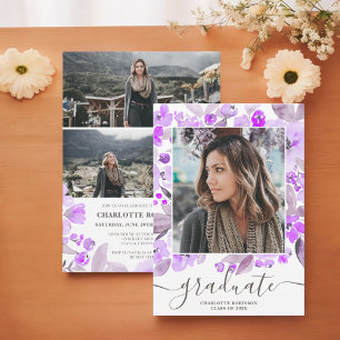 Convite Graduação de fotos com roteiro floral roxo