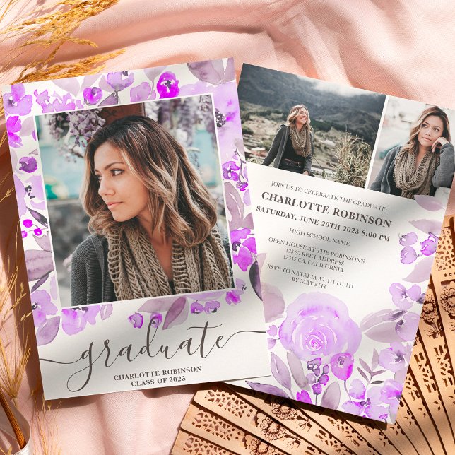 Convite Graduação de fotos com roxo floral verde 3 (Criador carregado)
