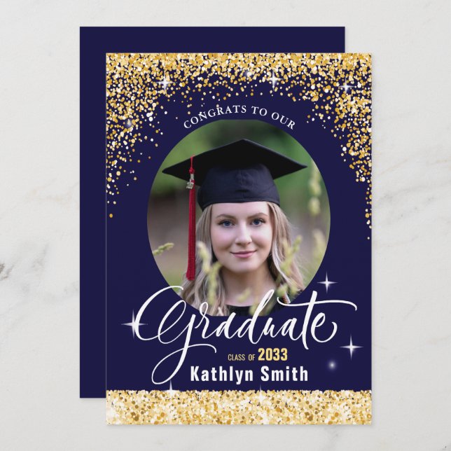 Convite Graduação de Fotos com Script Azul Glitter Dourado (Frente/Verso)