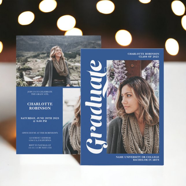 Convite Graduação de fotos com script de formando azul 3 (Blue graduate script 3 photo graduation invitation)
