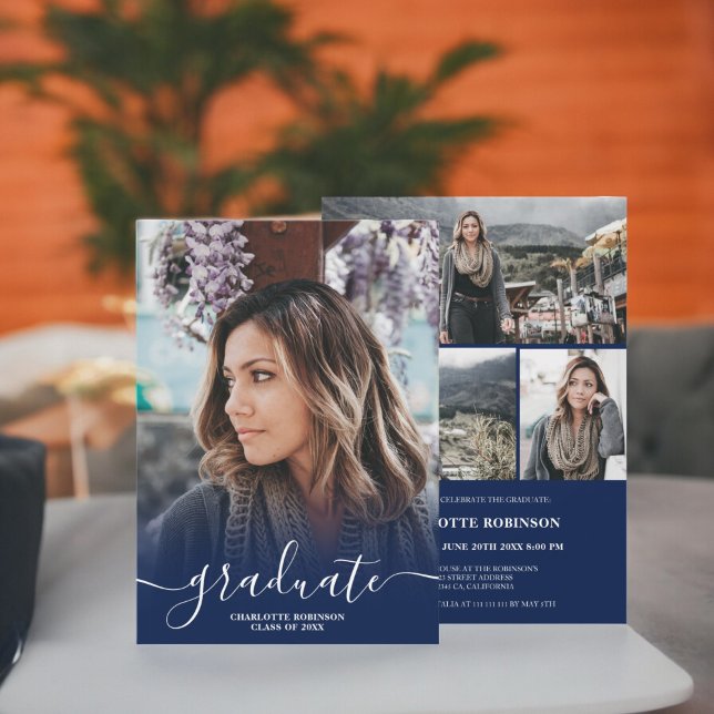 Convite graduação de fotos com script de formando azul mar (Navy blue graduate script photo graduation invitation)