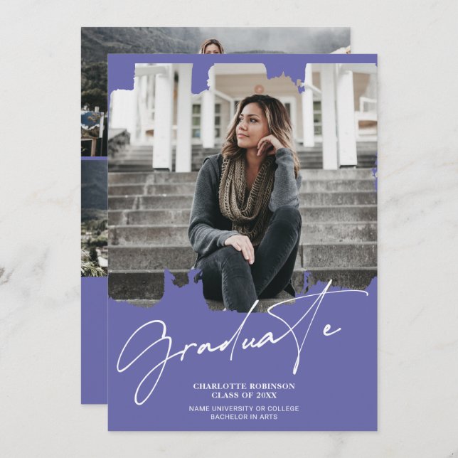 Convite Graduação de fotos com script de formando azul rox (Frente/Verso)