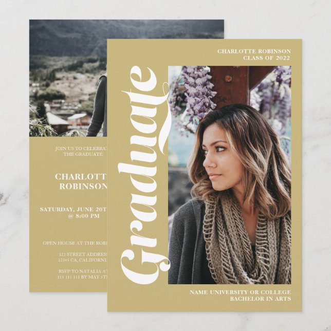 Convite Graduação de fotos com script de formando Dourado  (Frente/Verso)
