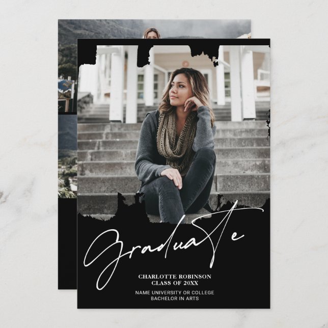 Convite Graduação de fotos com script de formando preto br (Frente/Verso)