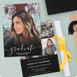 Convite Graduação de fotos com script de formando preto e<br><div class="desc">Graduação de fotos em casa aberta com script de formando preto e branco. Adicione 4 de suas fotos favoritas com uma elegante caligrafia de script e colagem de grade de fotos.</div>