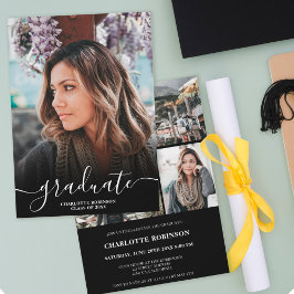 Convite Graduação de fotos com script de formando preto e 
