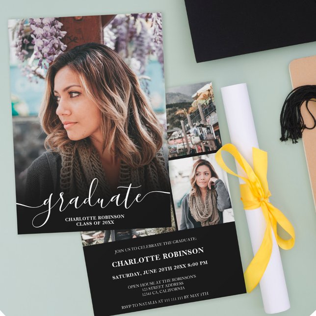 Convite Graduação de fotos com script de formando preto e  (Criador carregado)