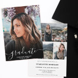Convite Graduação de fotos com script de formando preto e<br><div class="desc">Graduação de fotos em casa aberta com script de formando preto e branco. Adicione 4 de suas fotos favoritas com uma elegante caligrafia de script e colagem de grade de fotos.</div>