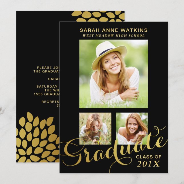 Convite Graduação de Fotos com Script Dourado Preto Três (Frente/Verso)
