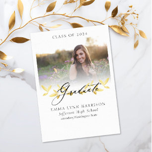 Convite Graduação de Fotos com Script Floral Dourado Elega