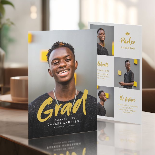 Convite Graduação de Fotos com Script Moderno de Pincel Do (Gold Modern Brush Script Photo Graduation Invitation)