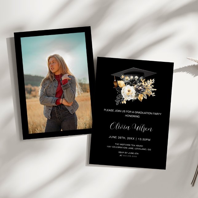 Convite Graduação de Fotos das Flores Douradas Pretas Eleg (Elegant Black White and Gold Flowers photo Graduation Party Invitation)