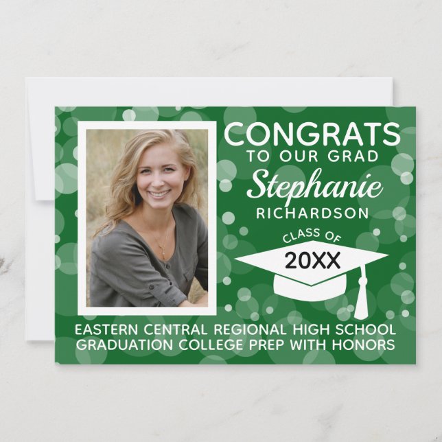 Convite Graduação de Fotos de Bolhas Verdes Modernas (Frente)