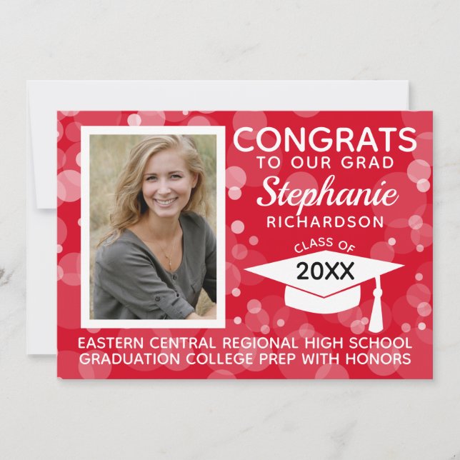Convite Graduação de Fotos de Bolhas Vermelhas Modernas (Frente)