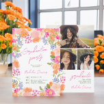 Convite Graduação de fotos de flores silvestres boêmicas e<br><div class="desc">Comemore sua formatura com nosso Convite para Graduação de Fotos Bold Wildflower Bohemian Bold! Este design espetacular apresenta flores vibrantes, cor-de-rosa, cor-de-rosa e lavandas pintadas à mão, entrelaçadas com um verde exuberante, acrescentando um toque de beleza natural ao seu dia especial. Personalize o convite com três das suas fotos favoritas...</div>