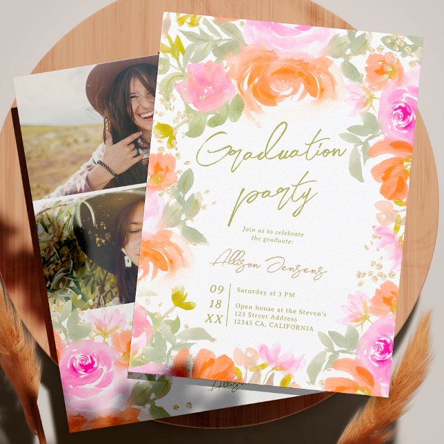 Convite Graduação de fotos de flores silvestres de laranja (Garden orange wild flowers photo graduation invitation)