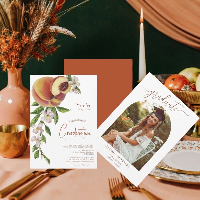 Convite Graduação de Fotos de Pêssego Floral do Citrus Fru (Create a Unique Graduation Invitation with Citrus Fruits and Floral Design!)