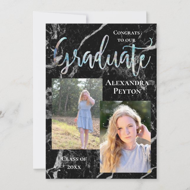 Convite Graduação de Fotos de Script de Bárble Preto Abalo (Frente)