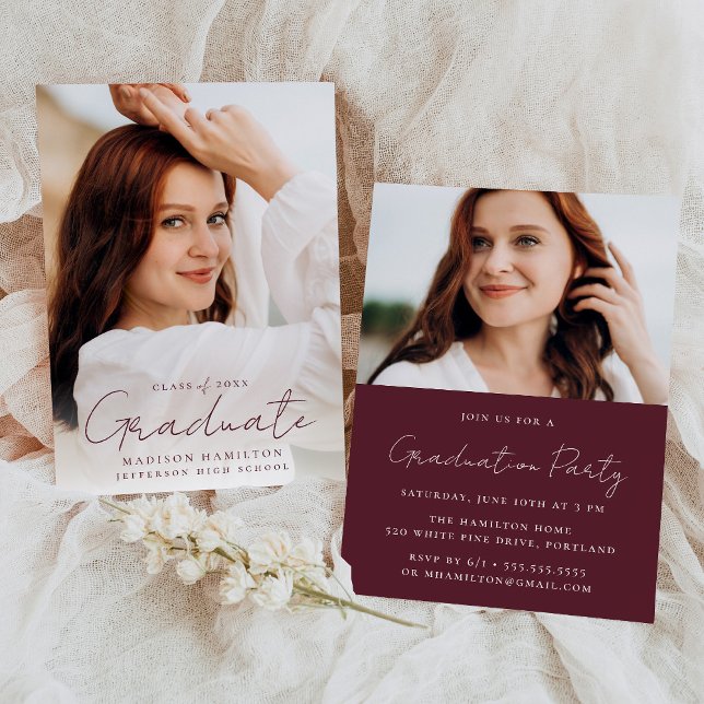 Convite Graduação de Fotos de Script Maroon Manuscrito Mod (Criador carregado)