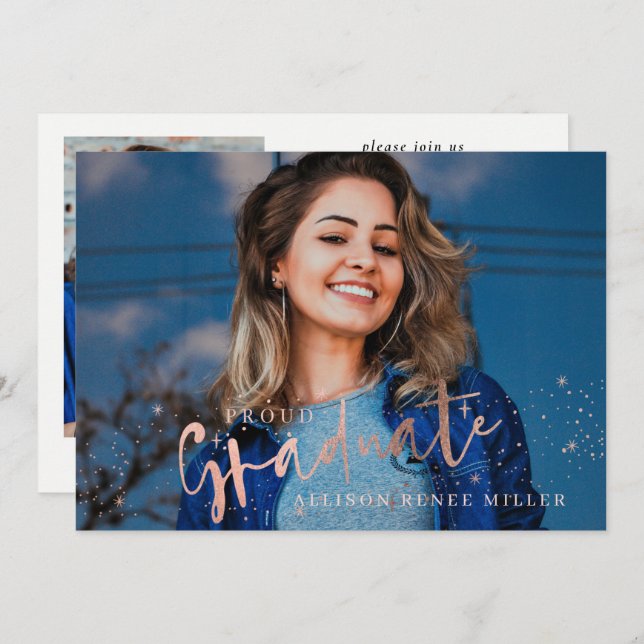 Convite Graduação de Fotos do Formando Dourado de Estrelas (Frente/Verso)