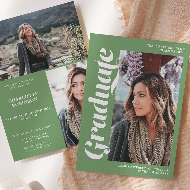 Convite Graduação de fotos do roteiro 3 do formando verde (Green graduate script 3 photo graduation invitation)