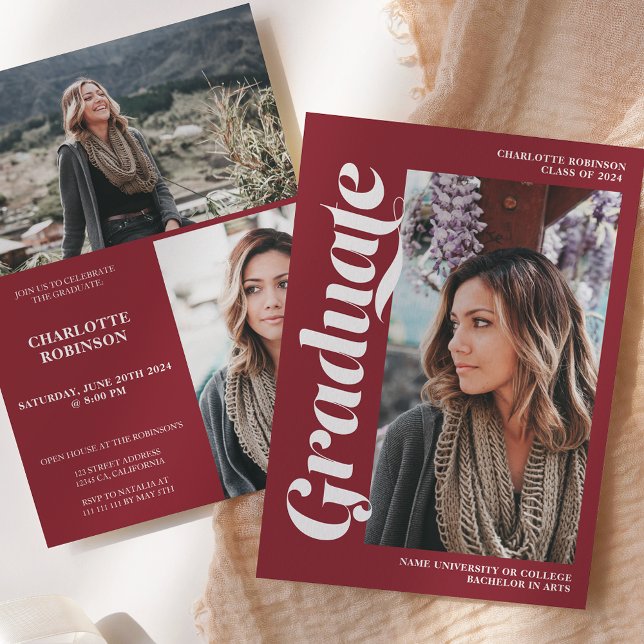 Convite Graduação de fotos do roteiro do formando vermelho (Red graduate script 3 photo graduation invitation)