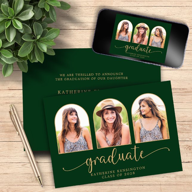 Convite Graduação de Fotos Dourada 3 Verde Escuro em Arch  (Elegant Arch Dark Green Gold 3 Photo Graduation Invitation)