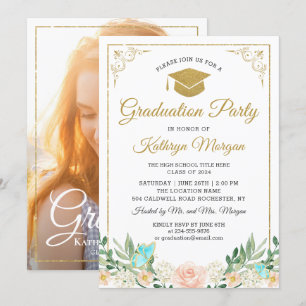 Convite Graduação de Fotos Douradas de Brilho de Pêsseg