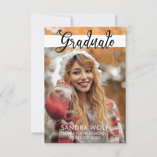 Convite Graduação de Fotos Elegante de Script Preto Modern (Frente)