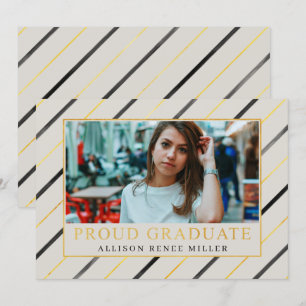 Convite Graduação de Fotos Elegante Moderna Dourada Stripe