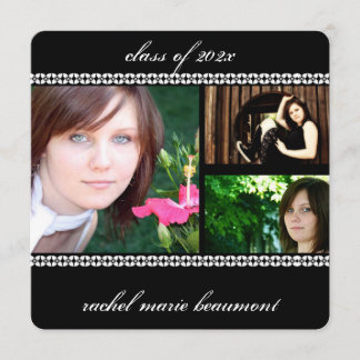 Convite Graduação de Fotos em Borda Floral Preta e Branca