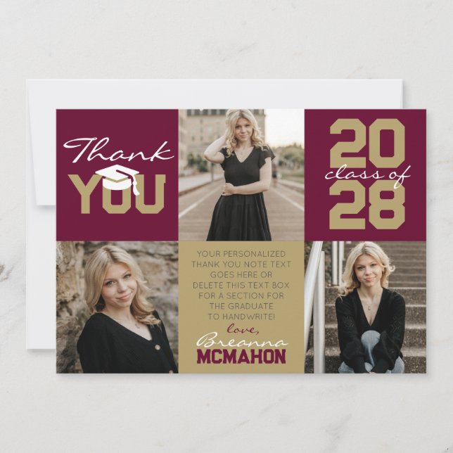 Convite Graduação de Fotos em Burgundy e Bronze 3 Obrigado (Frente)