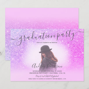 Convite Graduação de fotos em chic pink glitter brilha