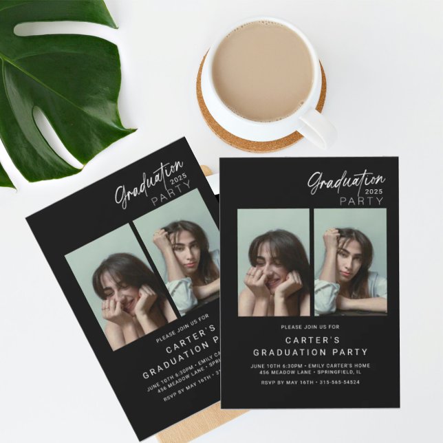 Convite graduação de fotos em chic preto e branco minimali (Criador carregado)