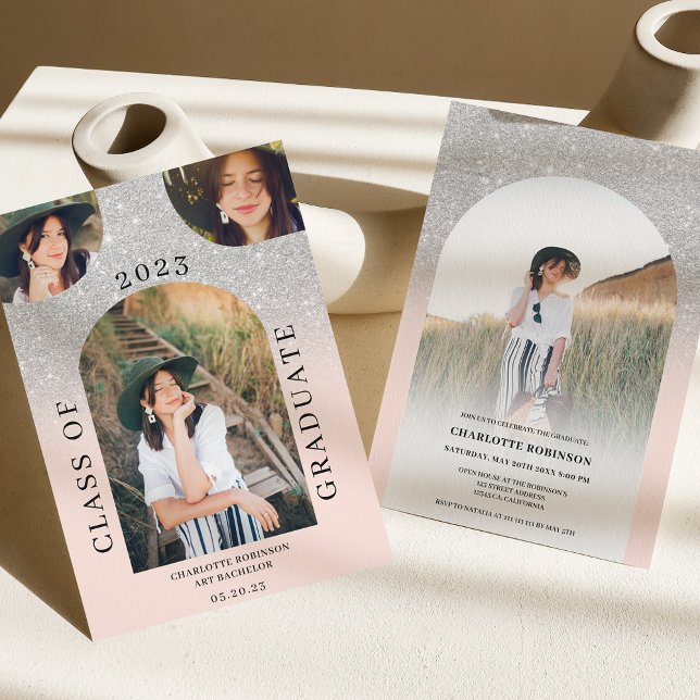 Convite Graduação de fotos em cor rosa 4 prateada do arco  (Criador carregado)