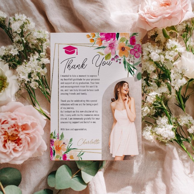 Convite Graduação de fotos em ouro floral no Jardim Boho (Boho garden floral gold photo graduation invitation)