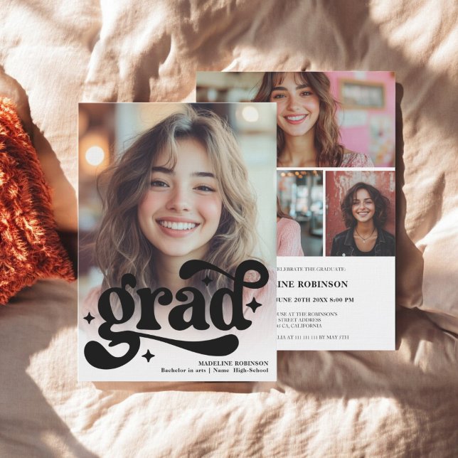 Convite Graduação de Fotos em Preto e Branco 4 com Script  (Retro Script Black White 4 Photo Graduation Invitation)